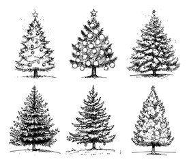 Christmas tree sketch vector set. Hand drawn collection of decorated and natural fir trees, vintage holiday icons.