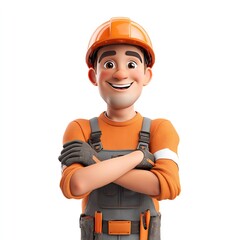 Fototapeta premium Smiling construction worker with arms crossed isolated on white background cartoon character of builder