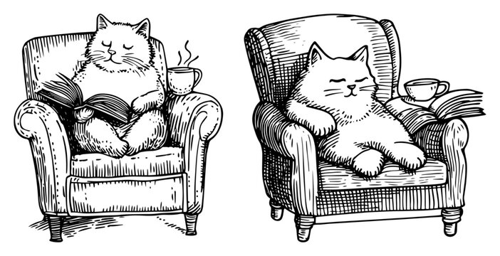 Set of two cozy cats relaxing in armchair. Cute cat character reading book and sleeping. Hand-drawn vintage style vector illustration.