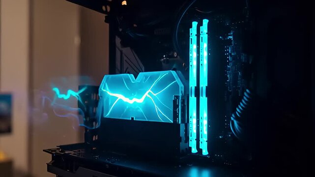 Close up of a glowing blue computer graphics card and RAM modules inside a PC case.