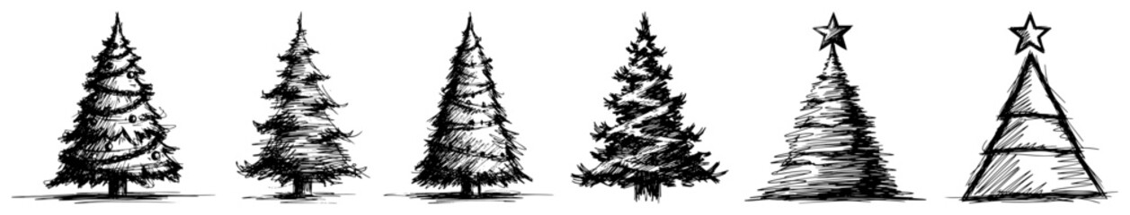 Hand-Drawn Christmas Tree Icons Set – Black Vector Doodle Fir Outlines, Holiday Trees Collection