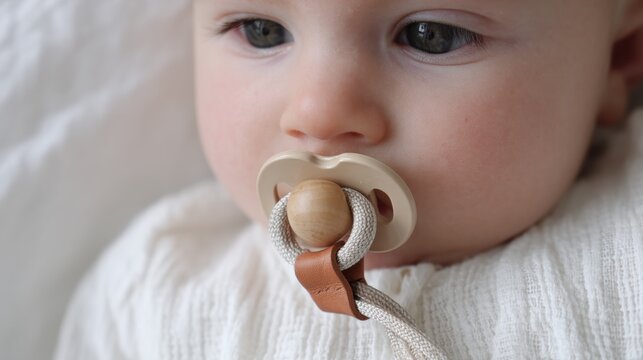 Close-up of a baby's face. the baby is wearing a white onesie and has a pacifier in their mouth. the pacifier is made of a light-colored material and has two wooden beads attached to it.