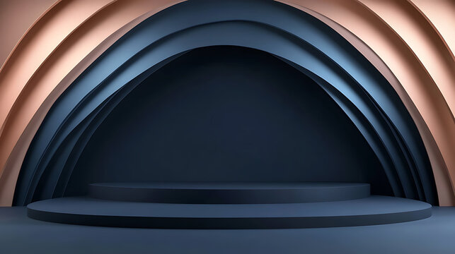 A modern display podium with an elegant color scheme and layered arch design, perfect for showcasing products in a sleek and minimalist style. Ideal for branding and advertising.