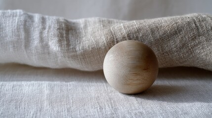 Single wooden ball resting on a white fabric surface. the ball is round and appears to be made of a light-colored wood, with a smooth texture.