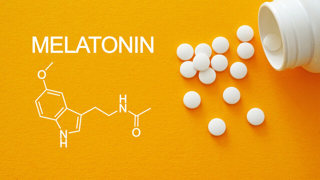 Melatonin is shown using the text and photo of pills. Sleep hormone