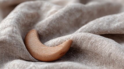 Close-up of a wooden crescent moon resting on a beige fabric. the crescent is made of a light-colored wood and has a smooth, curved shape.