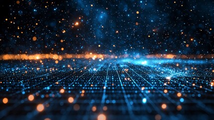 Obraz premium Abstract Digital Data Grid with Glowing Orange and Blue Particles, Futuristic Technology Background, Artificial Intelligence, Big Data Visualization