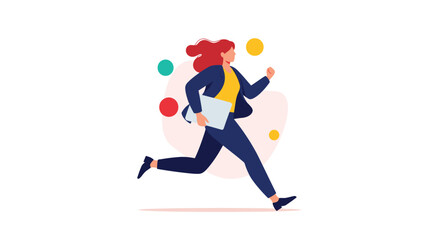 A woman in a suit running with a laptop and colorful circles in the background.