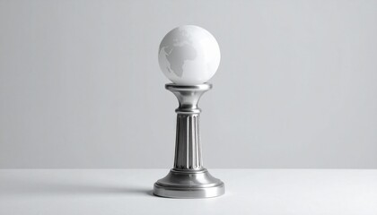 Metallic chess pawn with a globe-shaped head on white surface, symbolizing global strategy and international significance.