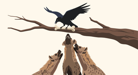 Fototapeta premium A raven perched on a branch with bones while hyenas howl below.