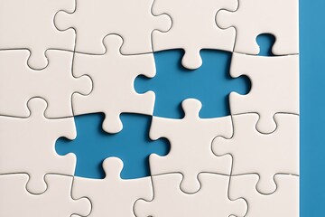 Fototapeta premium White puzzle pieces arranged with missing part showing teamwork strategy problem solving completion idea and challenge concept with blue background representing business success connection