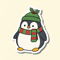 Cute cartoon penguin with a charming holiday scarf and hat, bringing warmth and festive spirit to Christmas and Thanksgiving