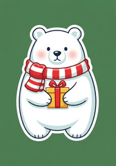 Charming illustration of a polar bear in a cozy scarf, holding a special gift, perfect for spreading Christmas and Thanksgiving cheer and warmth
