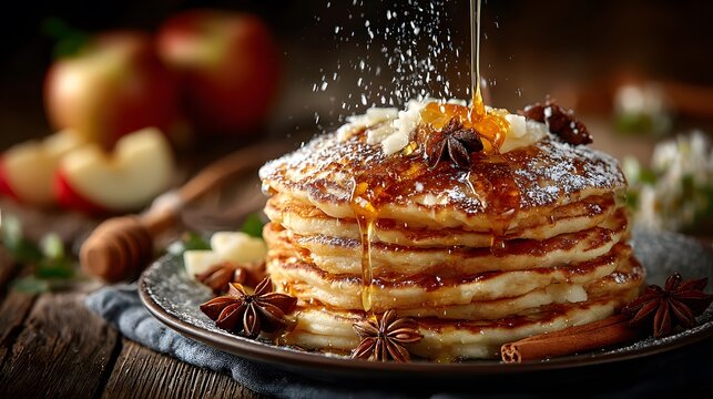 Delicious food photograph of a stack of apple cinnamon pancakes on a rustic wooden table. A stream of golden honey is being drizzled over the top as sugar dusts the air.