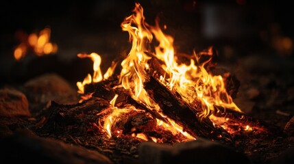 Flickering flames light up the night, creating a cozy atmosphere around the campfire with scattered logs and stones providing a natural setting.