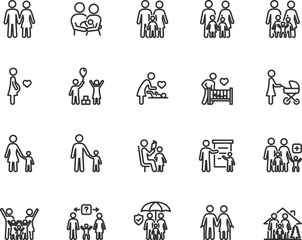 Vector set of family line icons. Contains icons mother, father, pregnancy, children, upbringing, child care, custody, adoption and more. Pixel perfect.