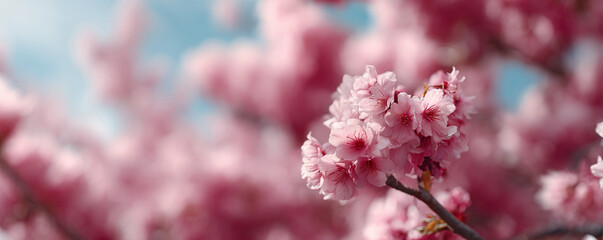 Obraz premium Dreamy closeup of pink cherry blossoms against a soft blue sky. Evokes themes of spring, renewal, and delicate beauty. Perfect for projects needing a touch of romance.