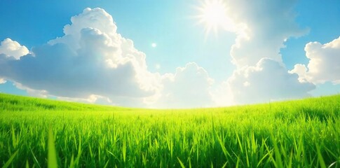 Obraz premium Sunbeams Dance Through Fluffy Clouds Illuminating a Grassy Field, Creating a Bright and Cheerful Spring Scene Perfect for Backgrounds and Textures
