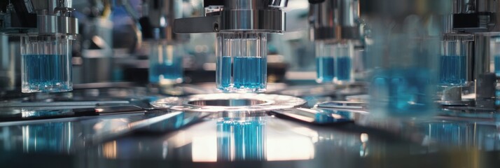 Automated liquid handling devices transfer vibrant blue liquids in a cutting-edge lab dedicated to advanced research and development.