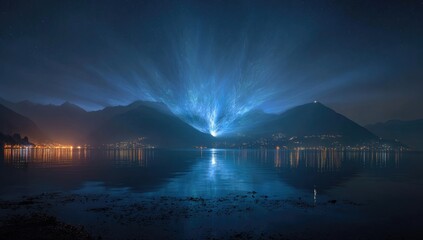 Nighttime lake scene, vibrant blue light rays illuminating mountains