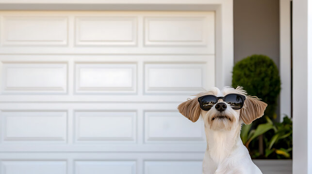 Stylish pup rocks shades!  This cool canine exudes confidence and charm with their retro sunglasses. Who's the coolest dog in town? This one, that's for sure!