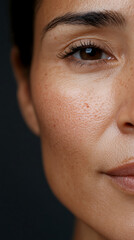 Close up shot of a woman's face highlighting skin texture, freckles, and natural beauty. Minimal makeup, focus on eye, promoting authentic beauty and skincare.