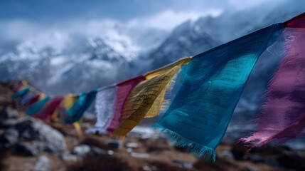 Vibrant prayer flags flutter against a majestic snow capped mountain landscape under a cloudy sky