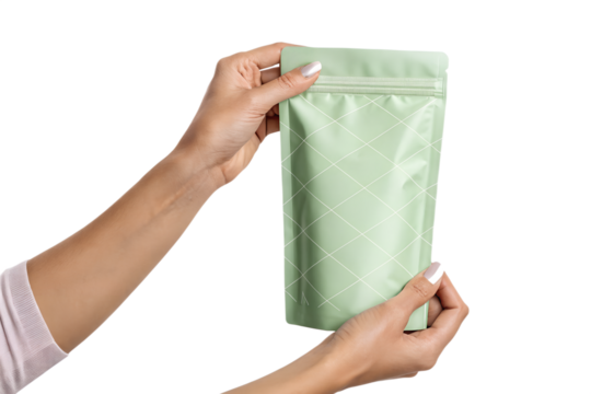Hands holding a light green stand-up pouch mockup. Realistic food packaging doypack template for product branding and label design presentation. Isolated on transparent background (PNG) for easy custo