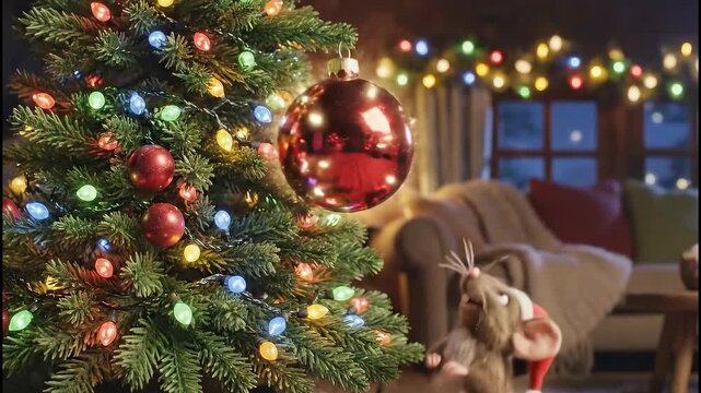 A cute animated mouse in a Santa hat discovers a magical Christmas ornament. Festive CGI character watches a bauble float onto a decorated tree. Holiday wonder and joy