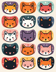 Fototapeta premium Cute fox faces in various colors, perfect for children's designs and illustrations