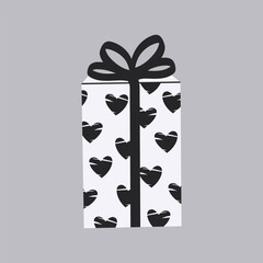 Gift box with heart pattern and black bow. For birthday, Valentine's, and anniversary design.
