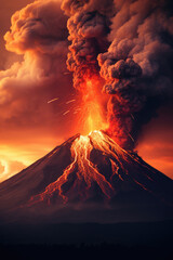 赤い溶岩と噴煙を上げる活火山の壮大な噴火シーン