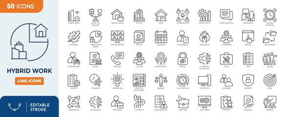 Naklejka na ściany i meble Minimalist Hybrid work outine icons set with editable stroke. Containing remote work, home, office, flexibility, Freelance, and more. thin linear illustration.