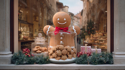 Festive holiday window display. A gingerbread man cookie jar filled with cookies, adorned with garland. Perfect for seasonal greetings, baking, or shop concepts.