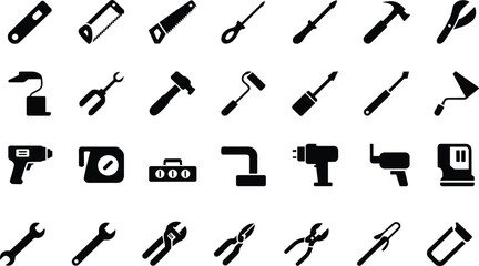 Hand tools and power tools silhouette set, construction repair icons, DIY equipment artwork, workshop hardware design, mechanical tool graphic collection