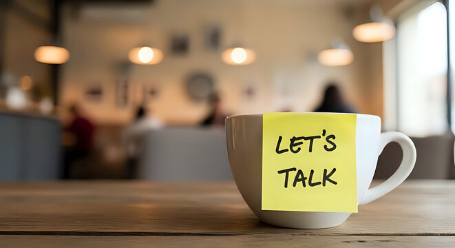 Coffee cup with let's talk note embodies open communication, fostering collaboration and understanding