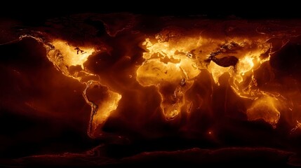 Global map visualization of intense heat and energy distribution across continents in vibrant fiery colors