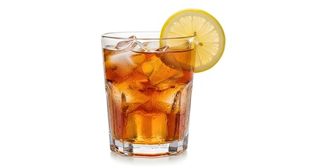 Iced Tea Refreshment Cold Beverage Summer Drink Glass Lemon Slice Transparent Ice Cubes Refreshing Thirst Quenching Chilled Sweetener Liquid Studio Shot Isolated