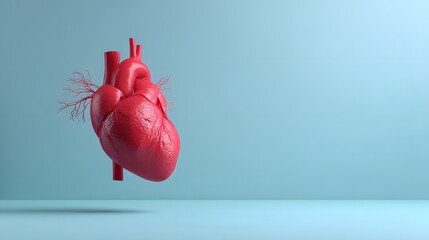 A vibrant 3D rendering of the human heart on a blue backdrop