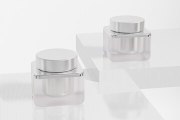 cube shape cream jar with metallic lid mockup, frost glass skincare packaging, rectangular shape eye cream container with round flat screw cap, luxury square acrylic plastic cosmetic bottle mockup