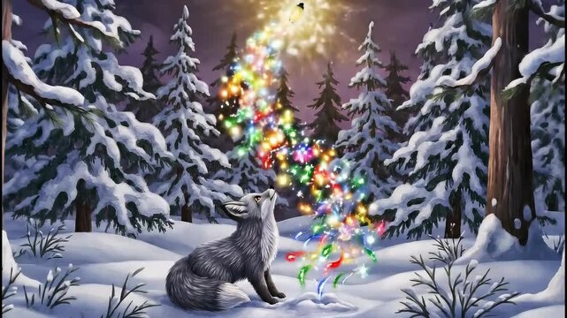 Animated silver fox discovers magical Christmas lights in a snowy winter forest. A whimsical animal watches a colorful glowing stream rise into the night sky. Holiday fantasy concept