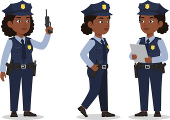 Diverse female police officer in uniform standing and walking holding radio and document representing law enforcement and security