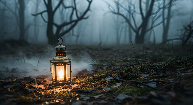 Glowing Lantern in Foggy Haunted Forest at Night on Halloween.