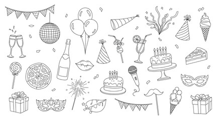 Vector art of seamless pattern with hand drawn party elements cute background with balloons, cake, confetti, champagne and other symbols vector illustration