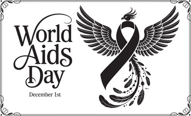 World AIDS Day design with a phoenix emerging from a ribbon and a December 1st date