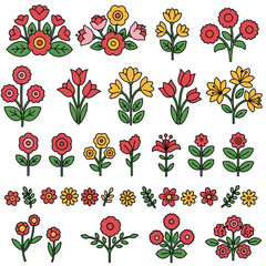 A vibrant vector set of folk art style flower icons and simple bouquets. This colorful illustration collection features a bold outline design