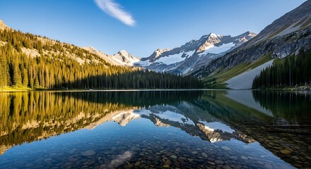 Obraz premium Serene Mountain Lake Reflection - A Breathtaking Landscape of Natures Beauty.