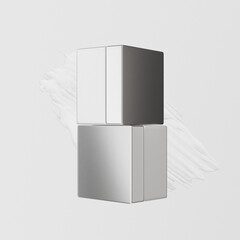 rectangular shape cream jar mockup, square skincare packaging with silver electroplating metallic decoration, square acrylic cosmetic bottle with screw cap, luxury cubic shape eye cream container