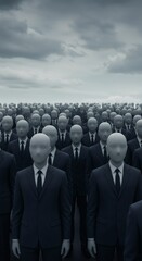 Many men in suits standing together without faces. Social conformity and loss of identity. Psychological distress crowd.