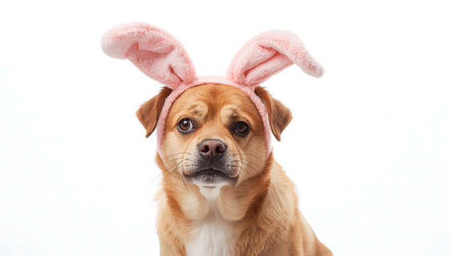 funny dog wearing pink bunny ears on white background, cute pet portrait with playful expression, adorable animal costume concept in studio, happy canine humor for celebration design
